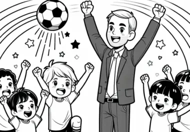 Fußballtrainer feiert mit Spielern ein Siegestor – Ausmalbild kostenlos