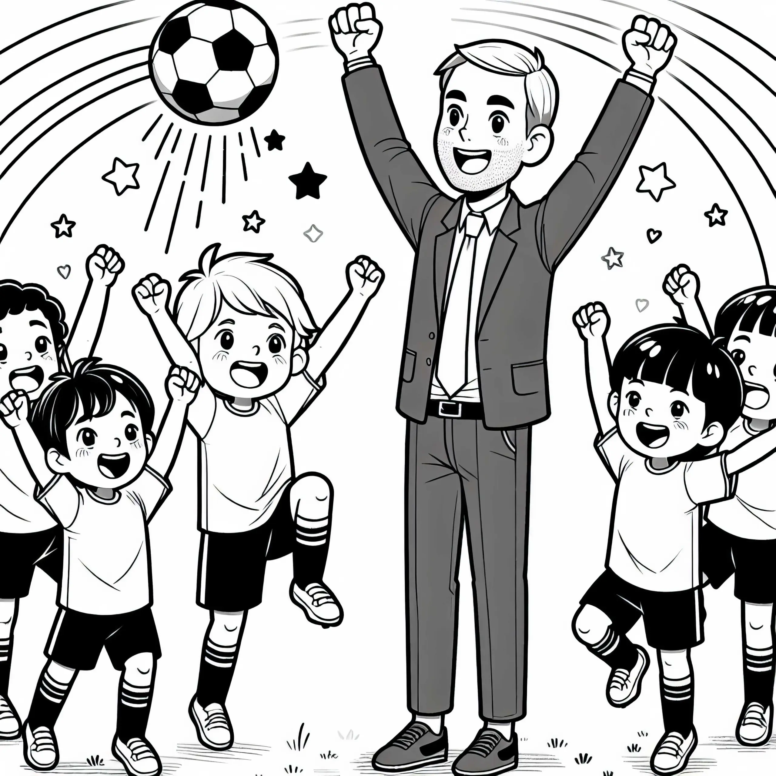 Fußballtrainer feiert mit Spielern ein Siegestor – Ausmalbild kostenlos