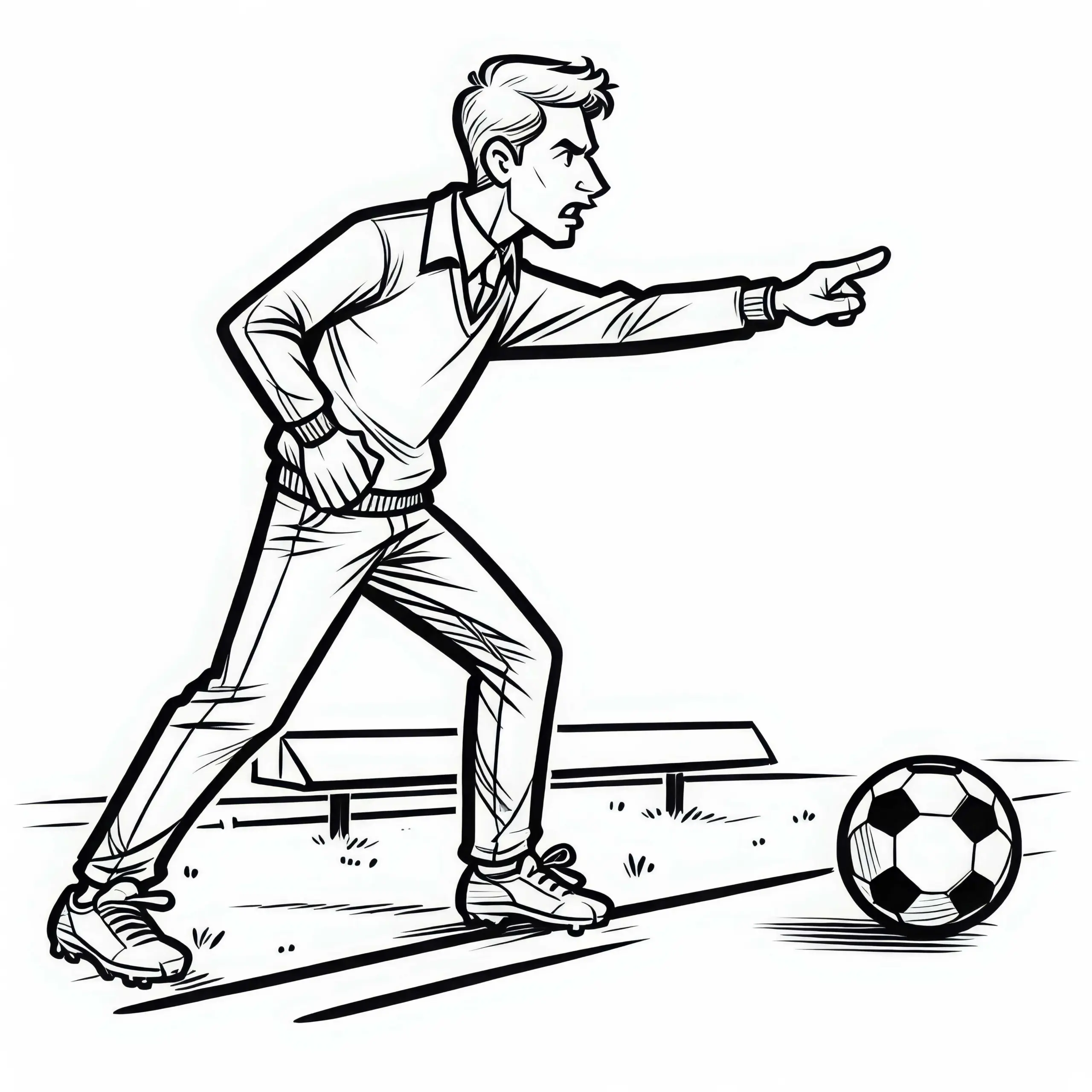 Fußballtrainer gibt Anweisungen am Spielfeldrand – Malvorlage kostenlos (Ausmalbild)