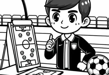 Fußballtrainer mit Taktiktafel – Ausmalbild zum Gratis-Download