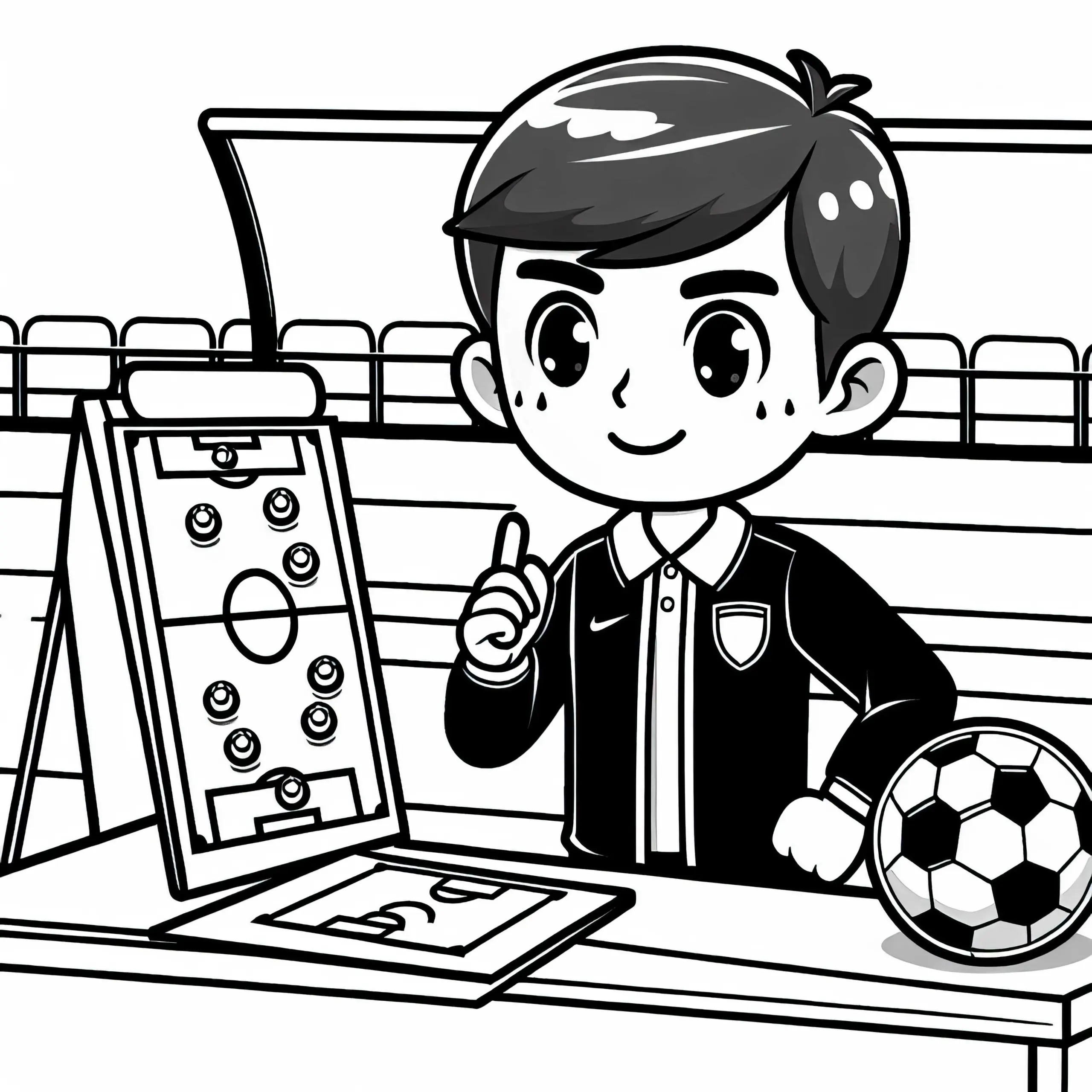 Fußballtrainer mit Taktiktafel – Ausmalbild zum Gratis-Download