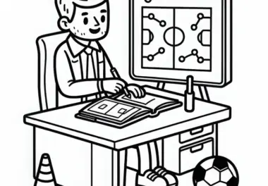 Fußballtrainer plant Trainingsprogramm – Ausmalbild gratis