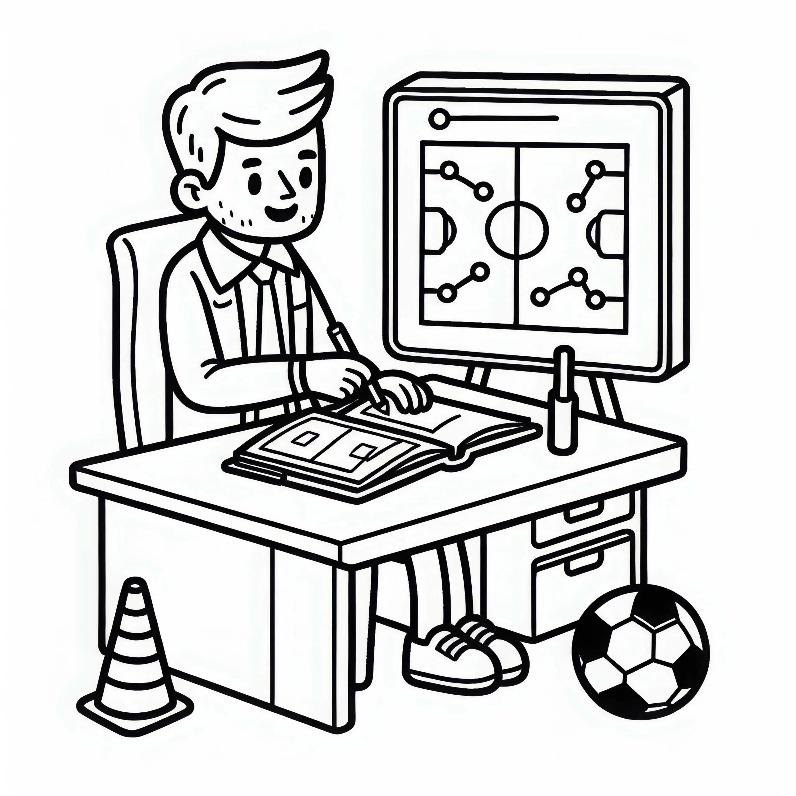 Fußballtrainer plant Trainingsprogramm – Ausmalbild gratis