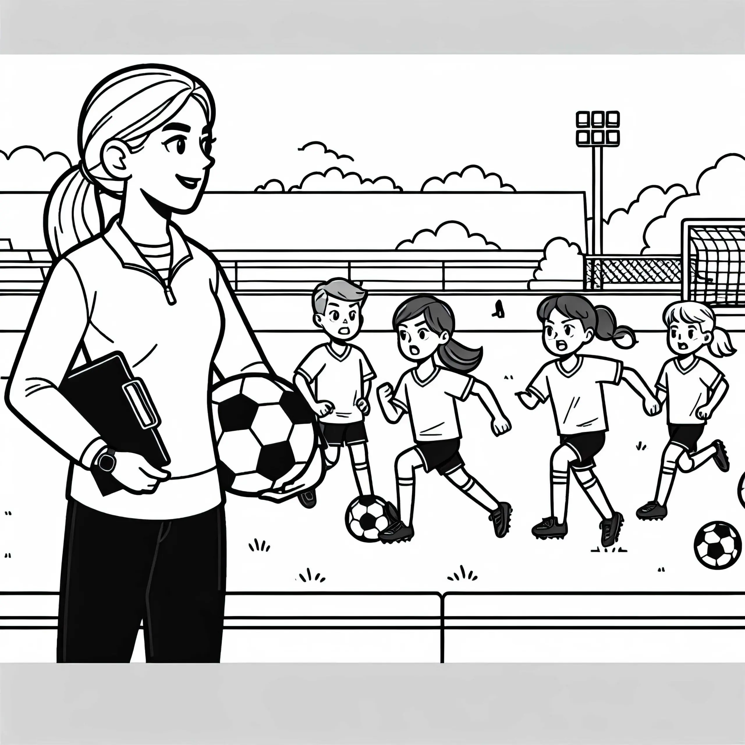 Die Fußballtrainerin, die das Spielertraining überwacht – Malvorlage gratis (Ausmalbild)