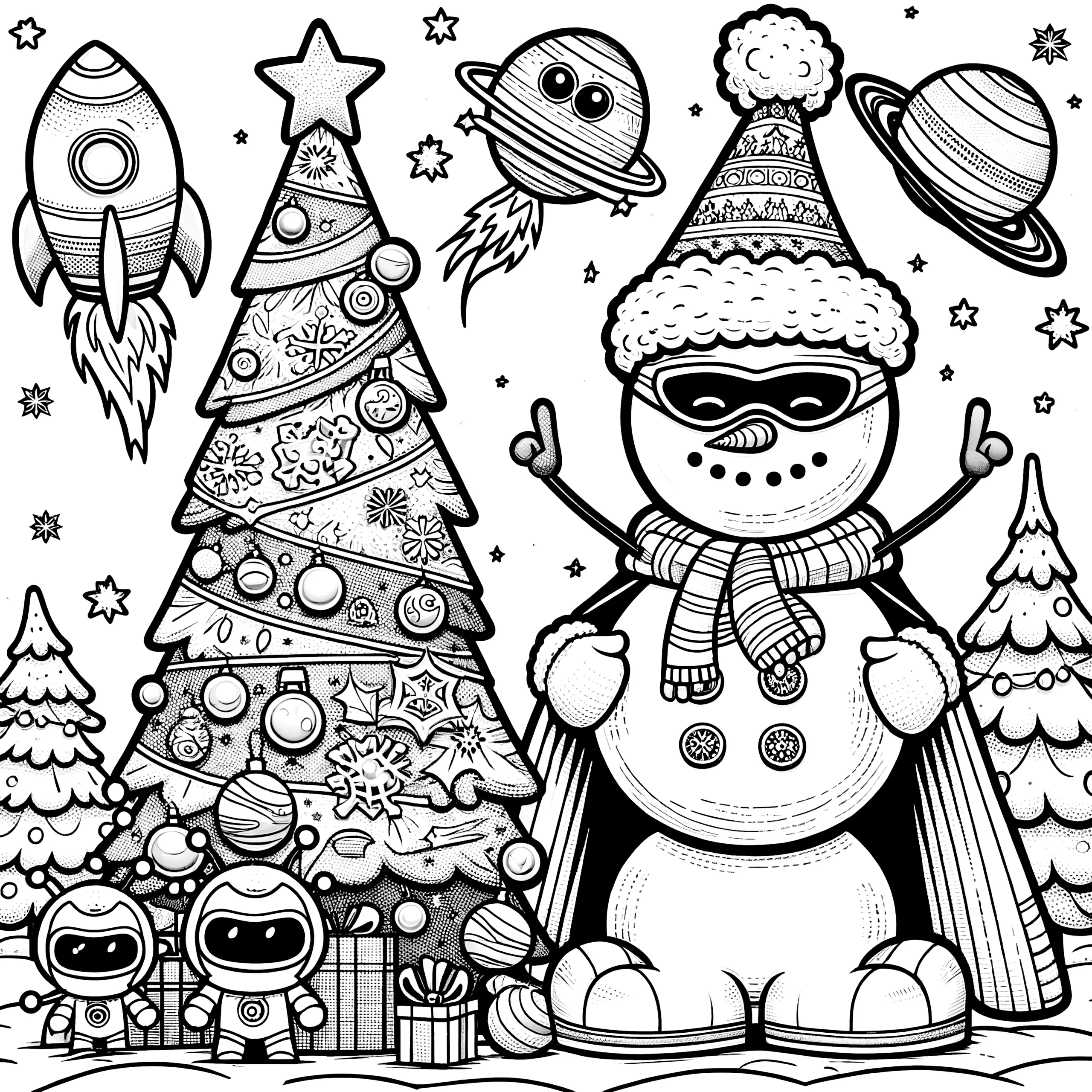 Futuristischer Schneemann mit Planeten & Rakete (Ausmalbild)