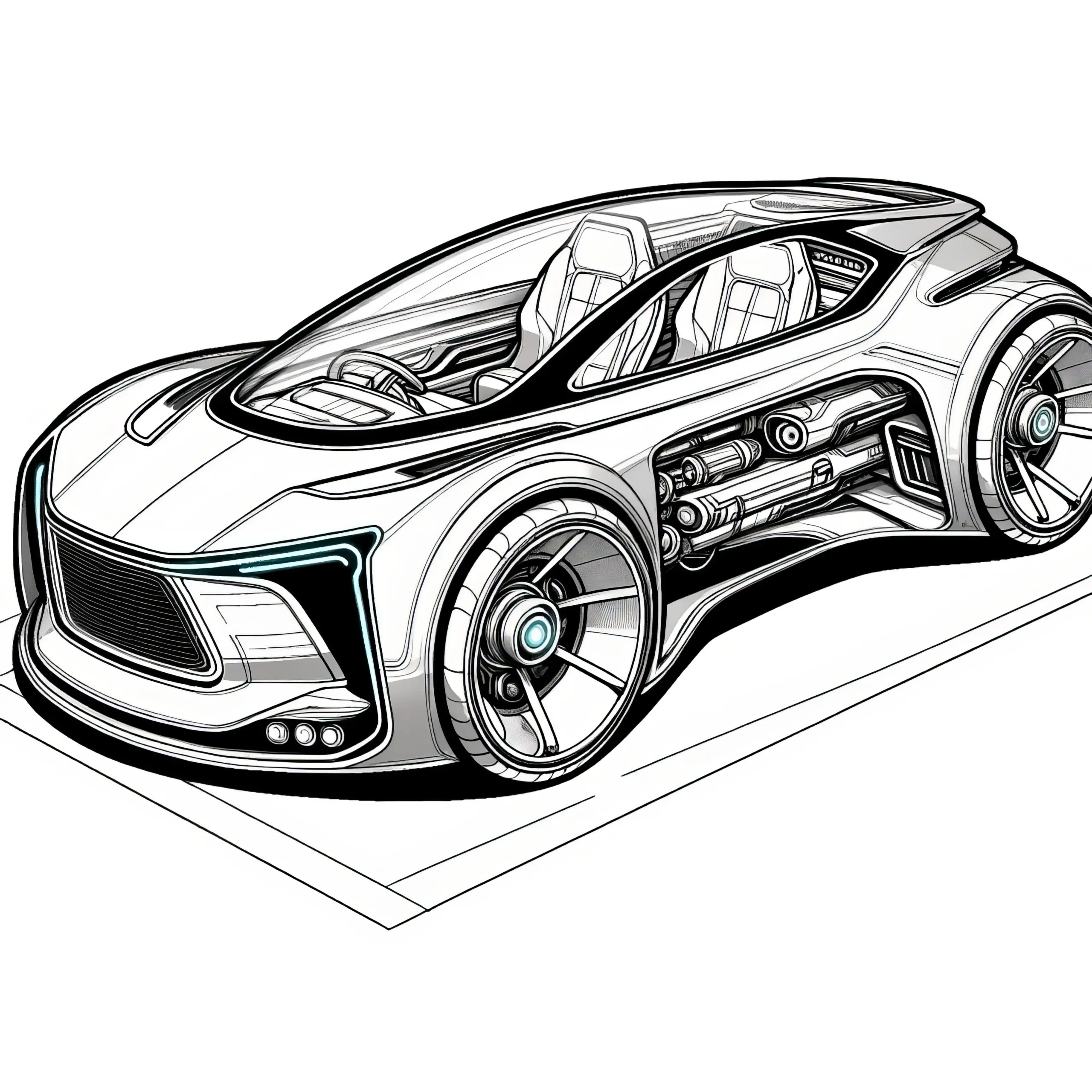 Futuristisches Auto zum Ausmalen: Kostenloser Download (Ausmalbild)