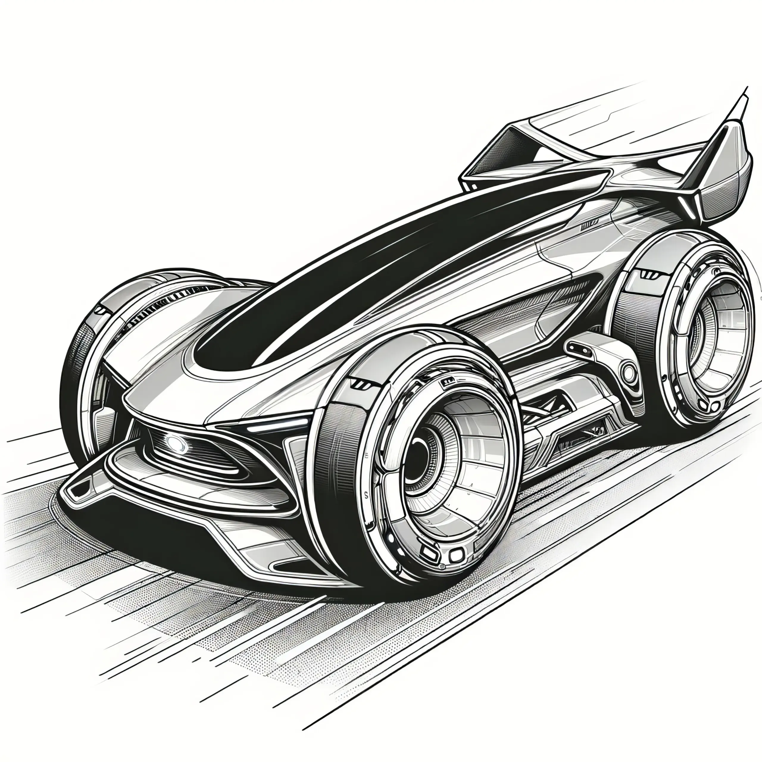 Futuristisches Rennauto mit breiten Reifen: Malvorlage zum kostenlosen Download (Ausmalbild)