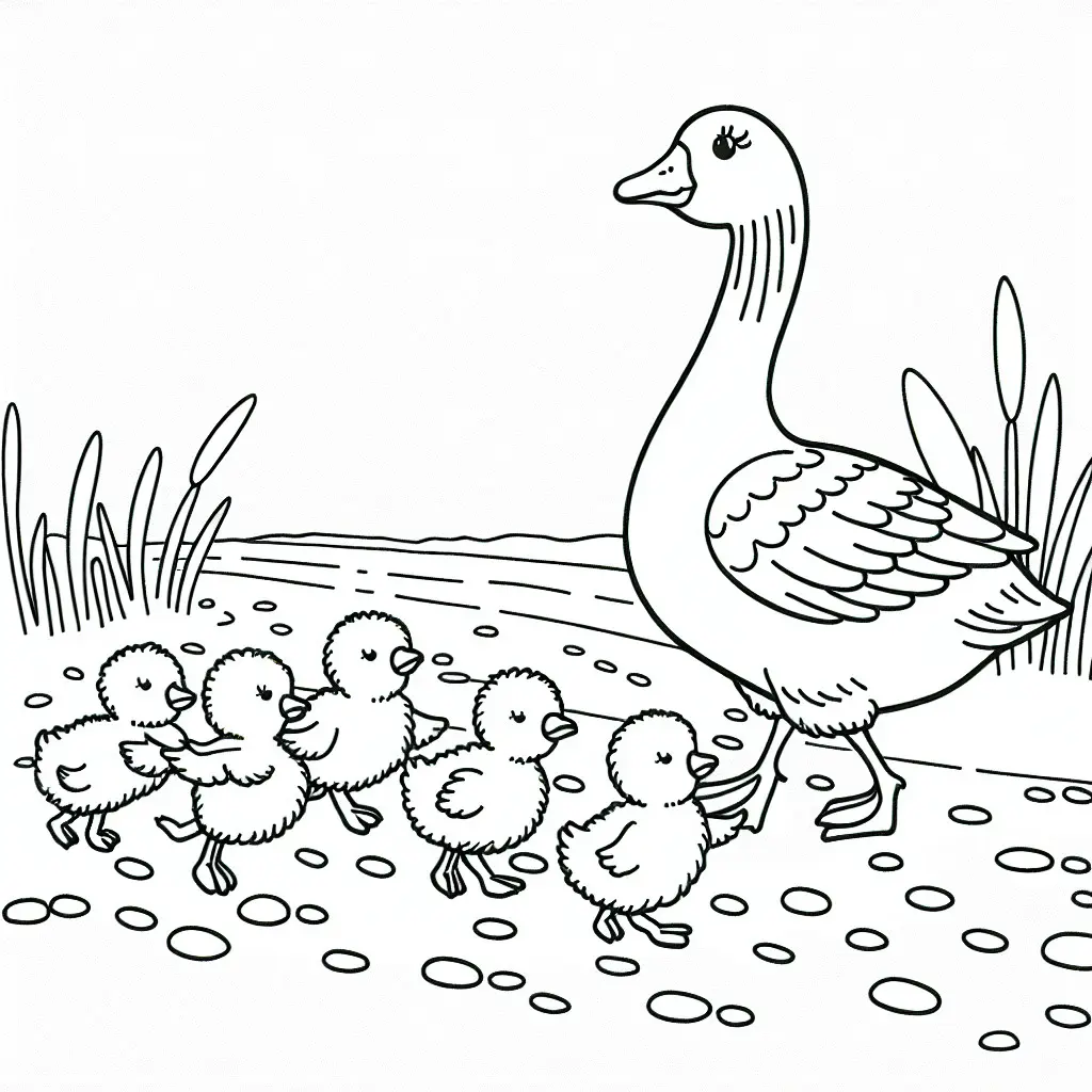 Gänsemutter mit Küken auf einem Feldweg: Einfache Malvorlage (Kostenlos) (Ausmalbild)