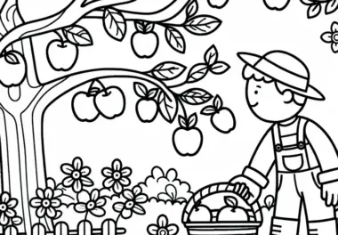 Gärtner pflückt Obst von Baum – Ausmalbild gratis