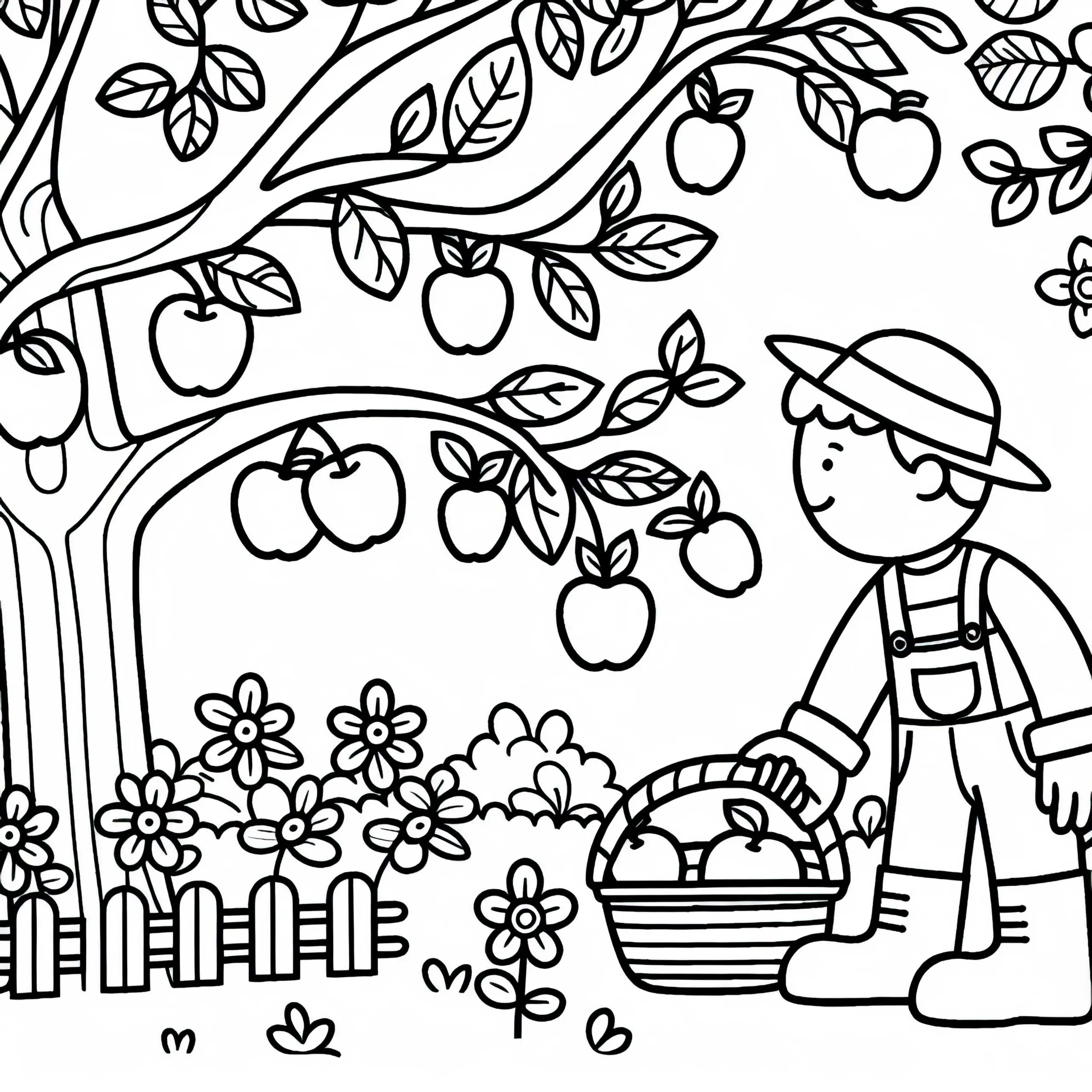 Gärtner pflückt Obst von Baum – Ausmalbild gratis
