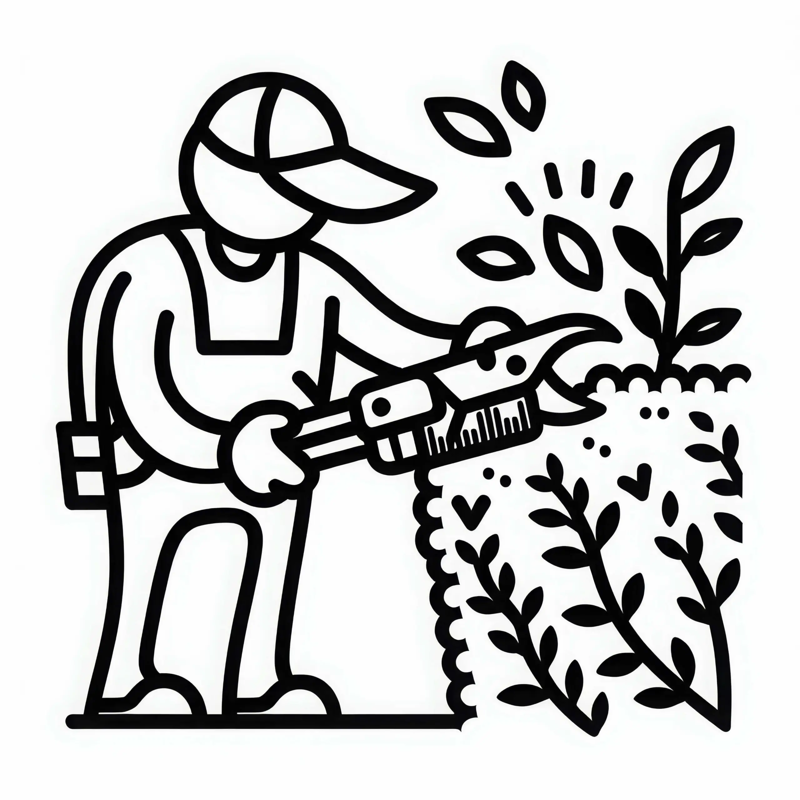 Gärtner schneidet Hecke mit Heckenschere – Malvorlage kostenlos (Ausmalbild)
