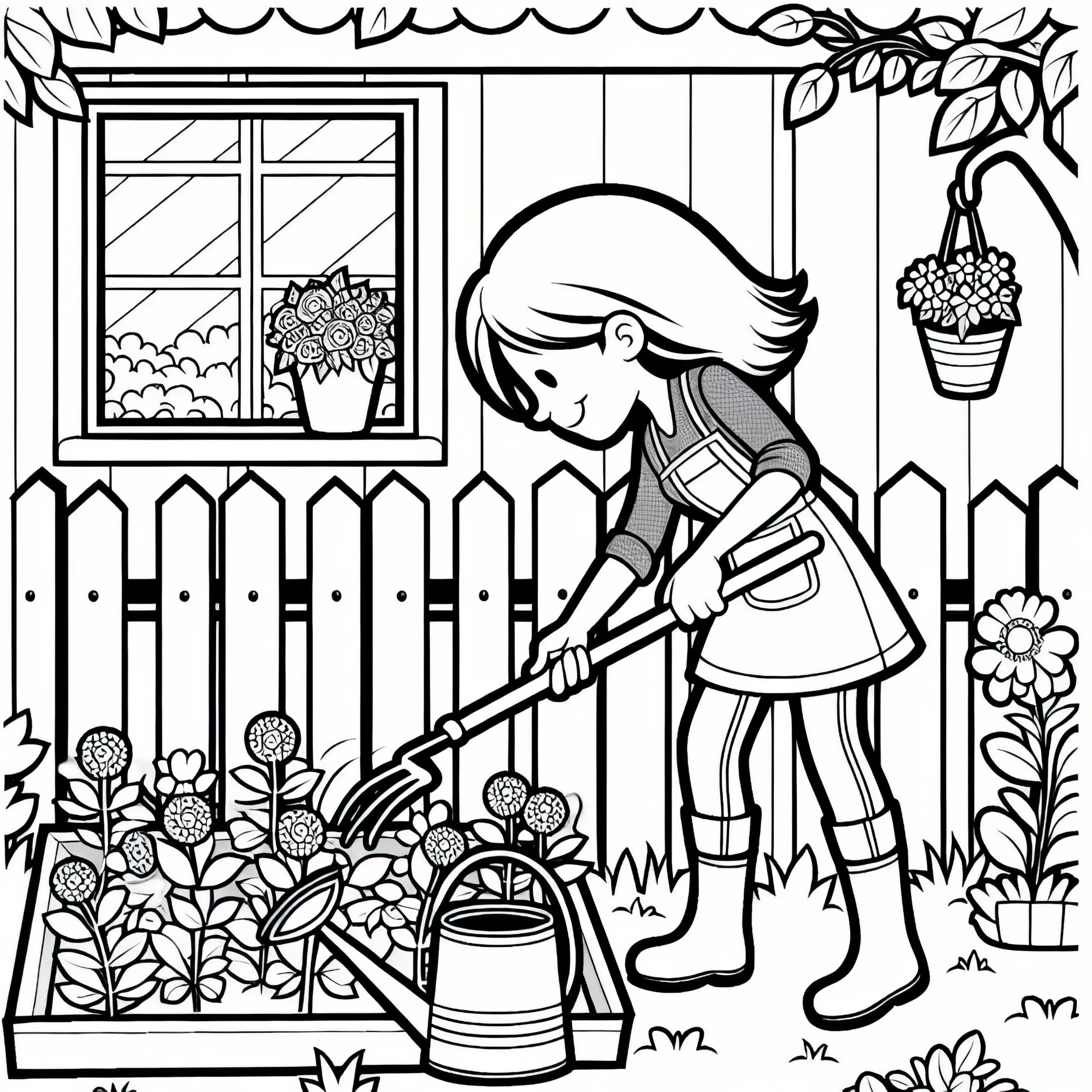 Gärtnerin jäten Unkraut im Garten – Malvorlage gratis (Ausmalbild)