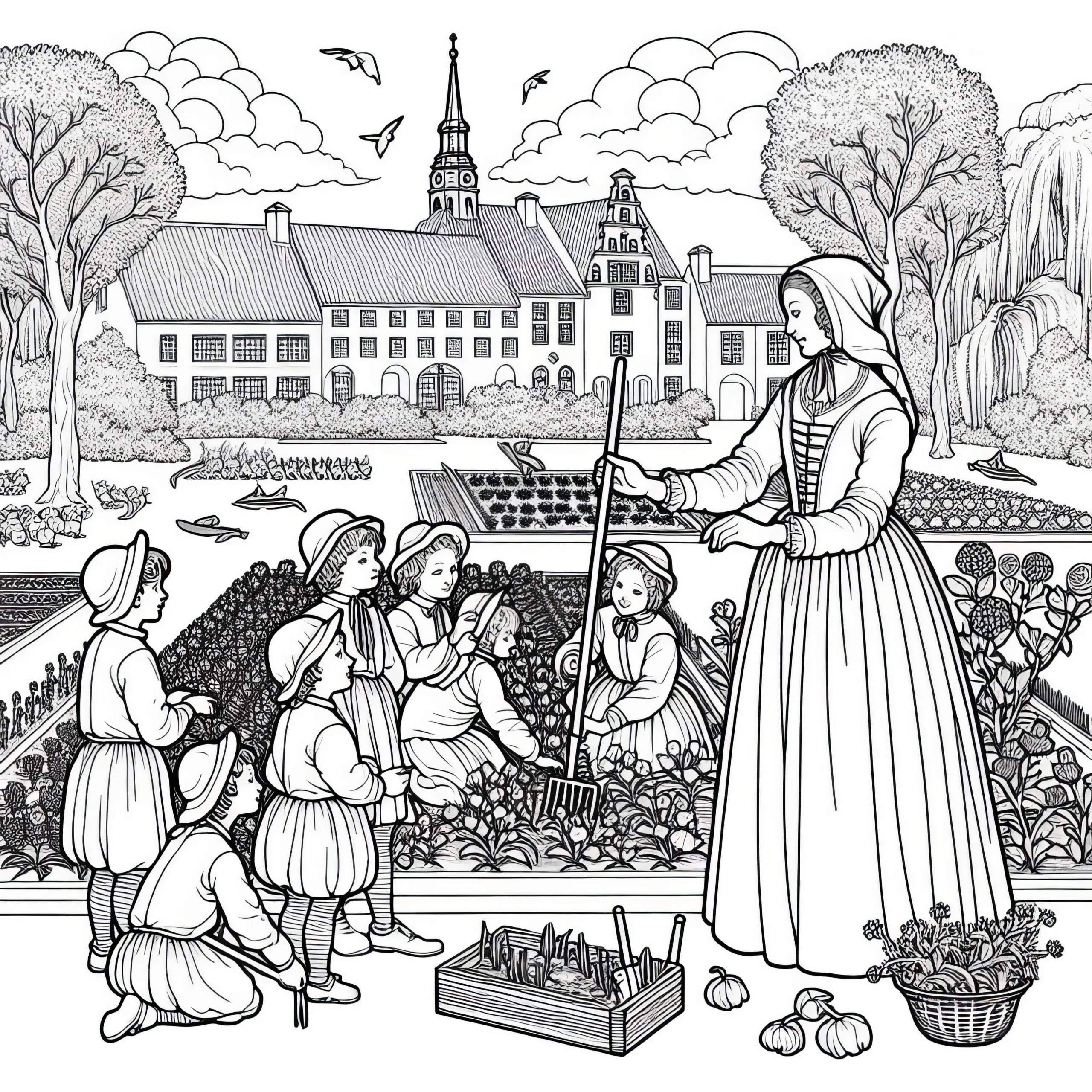 Gärtnerin zeigt Kindern, wie ein barocker Garten gepflegt wird – Ausmalbild Barockzeit gratis