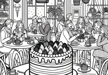 Gäste genießen Kuchen in Café – Malvorlage kostenlos