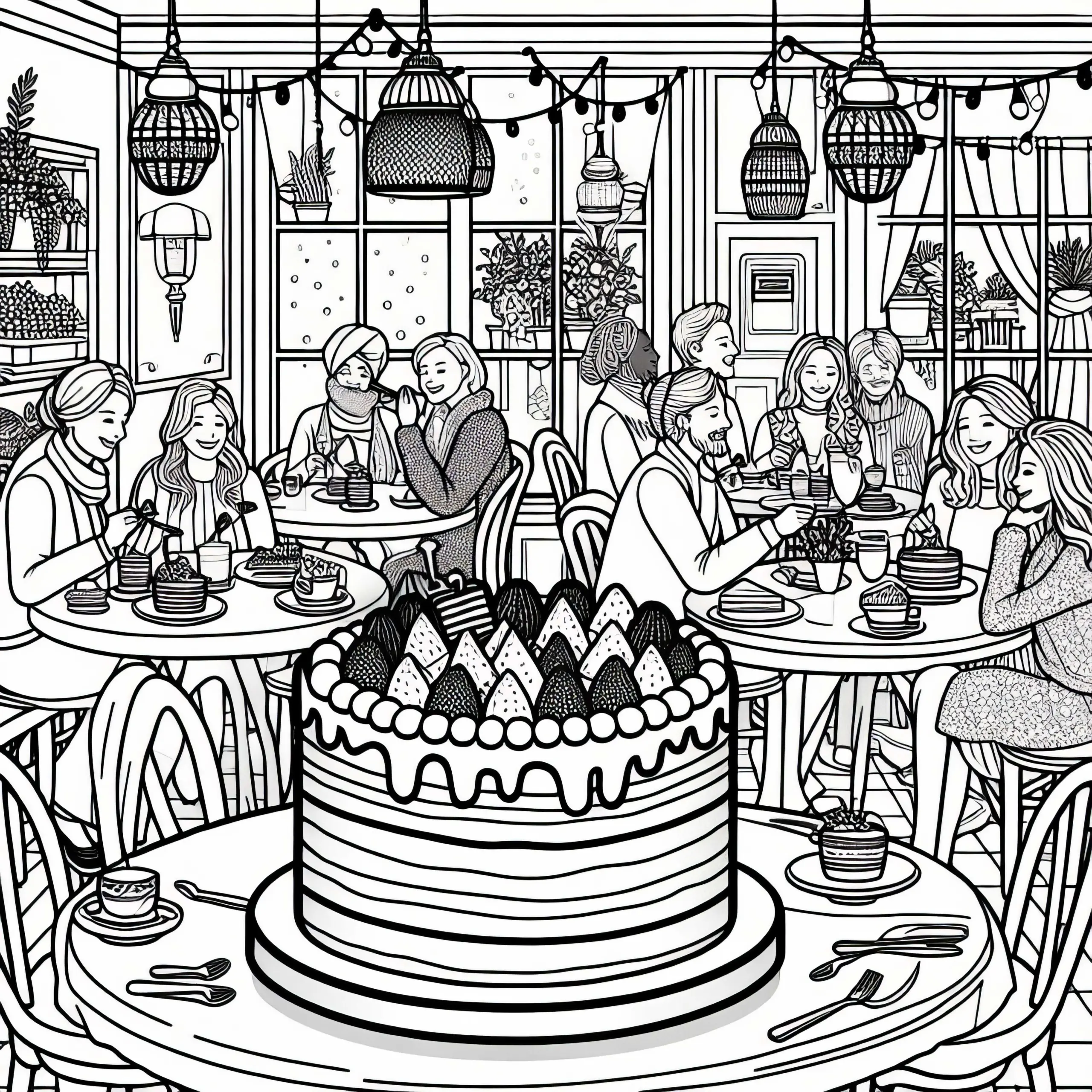Gäste genießen Kuchen in Café – Malvorlage kostenlos (Ausmalbild)