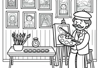 Galerie mit ausgestellten Bildern eines Malers – Malvorlage gratis