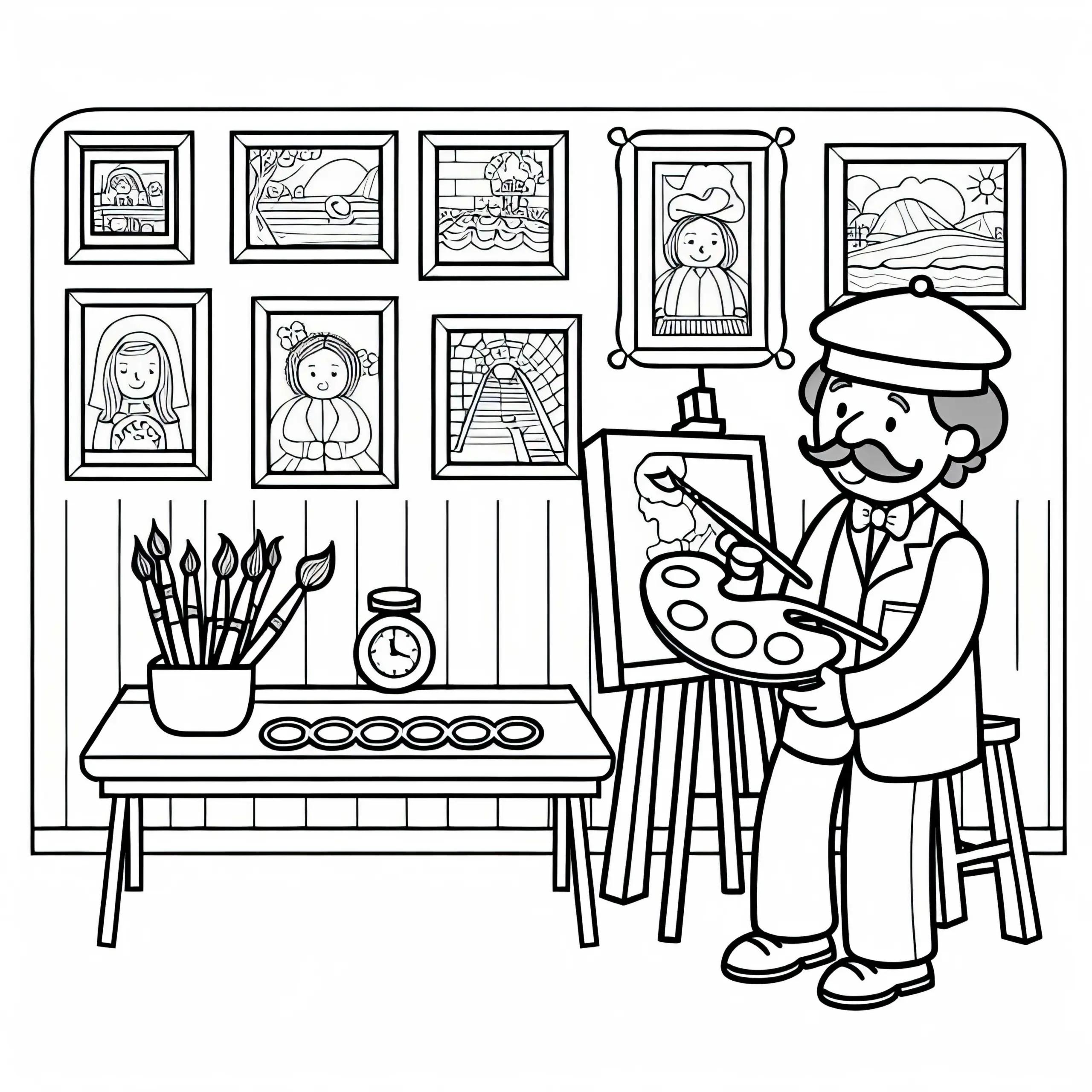 Galerie mit ausgestellten Bildern eines Malers – Malvorlage gratis (Ausmalbild)