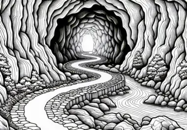 Gang führt in die Tiefe einer Höhle – Malvorlage kostenlos