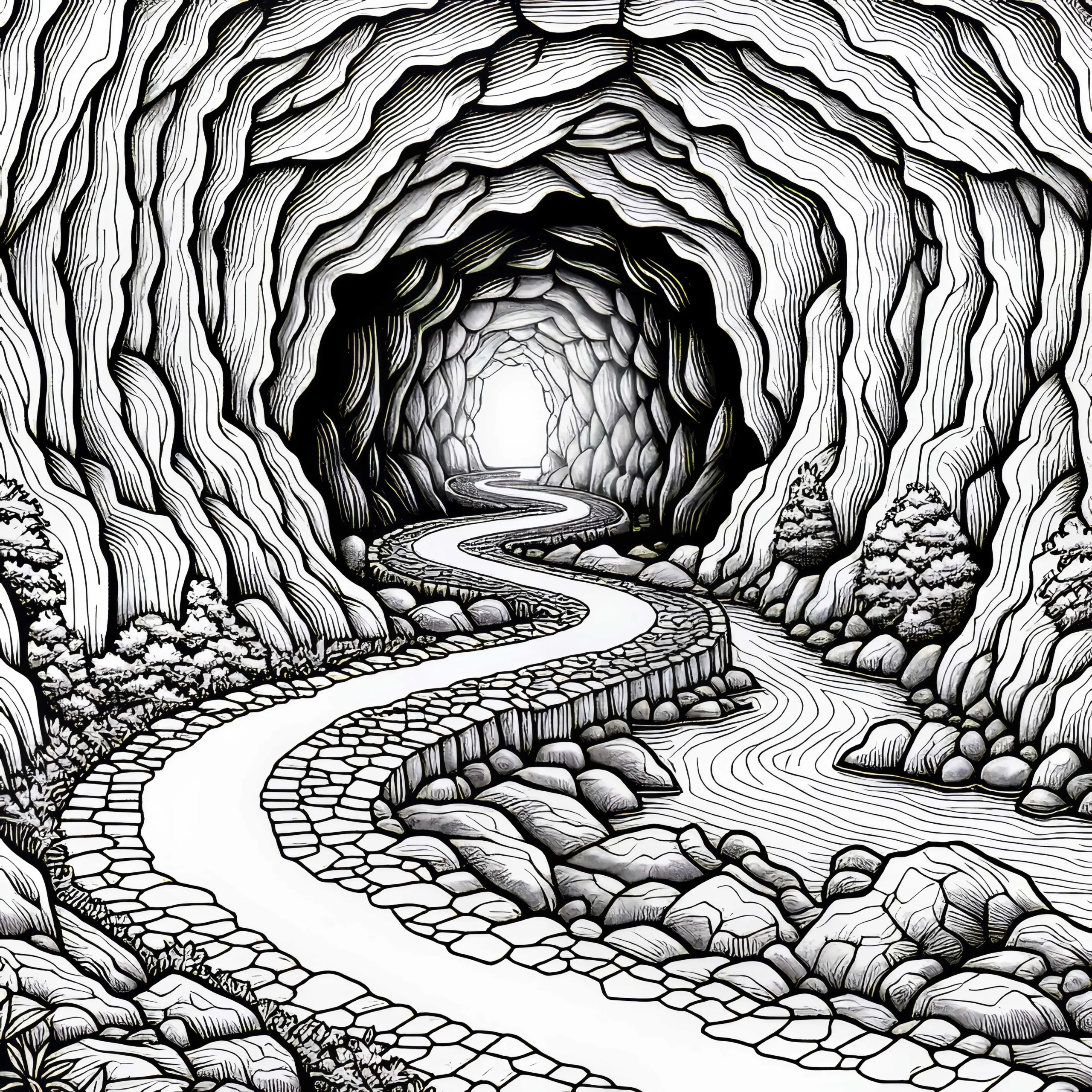 Gang führt in die Tiefe einer Höhle – Malvorlage kostenlos (Ausmalbild)