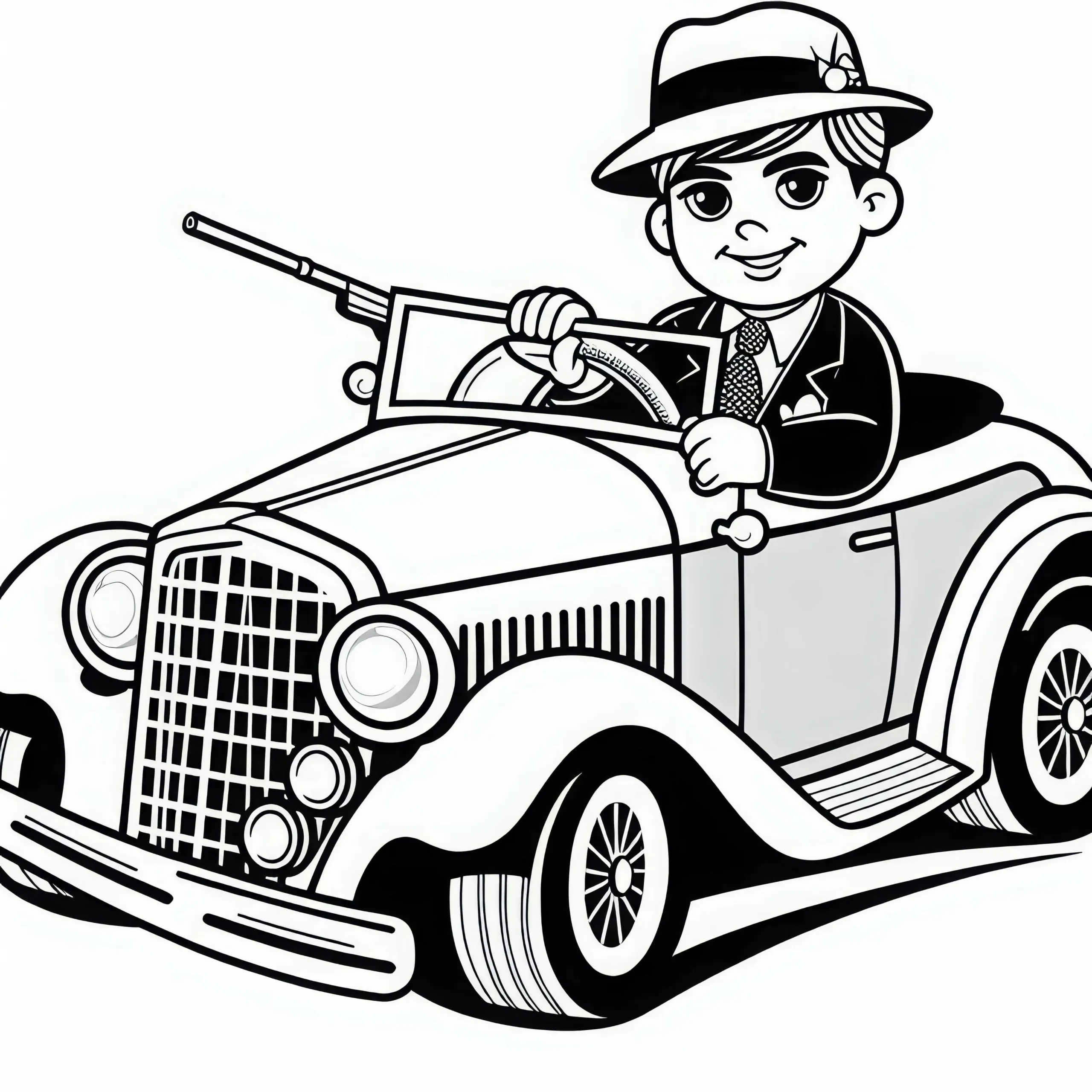 Gangster fährt auffälliges Auto Malvorlage gratis herunterladen (Ausmalbild)