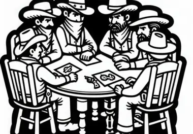 Gangster sitzen an Tisch mit Komplizen – Ausmalbild gratis
