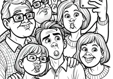 Ganze Familie macht zusammen Quatsch beim Selfie machen – Ausmalbild gratis