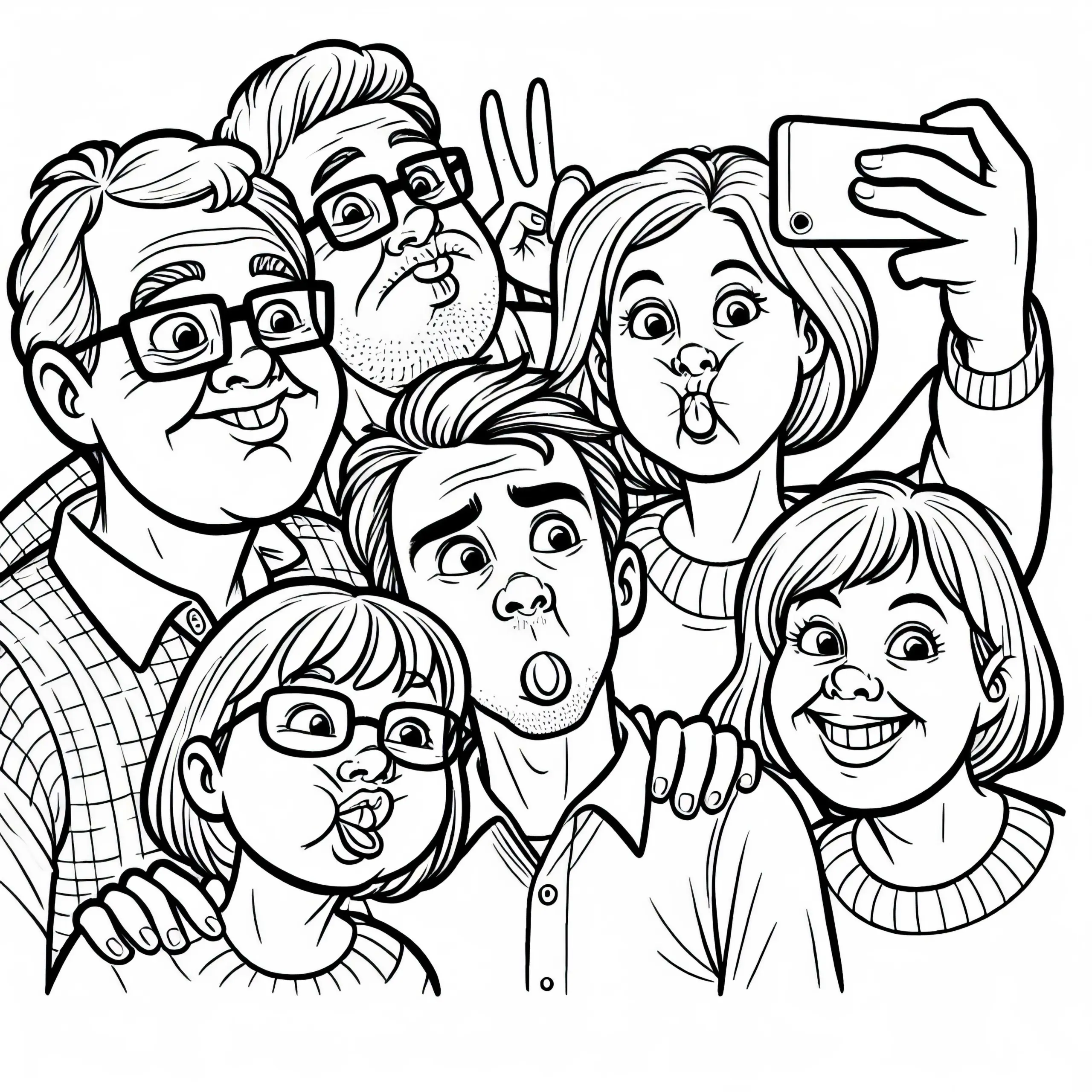 Ganze Familie macht zusammen Quatsch beim Selfie machen – Ausmalbild gratis