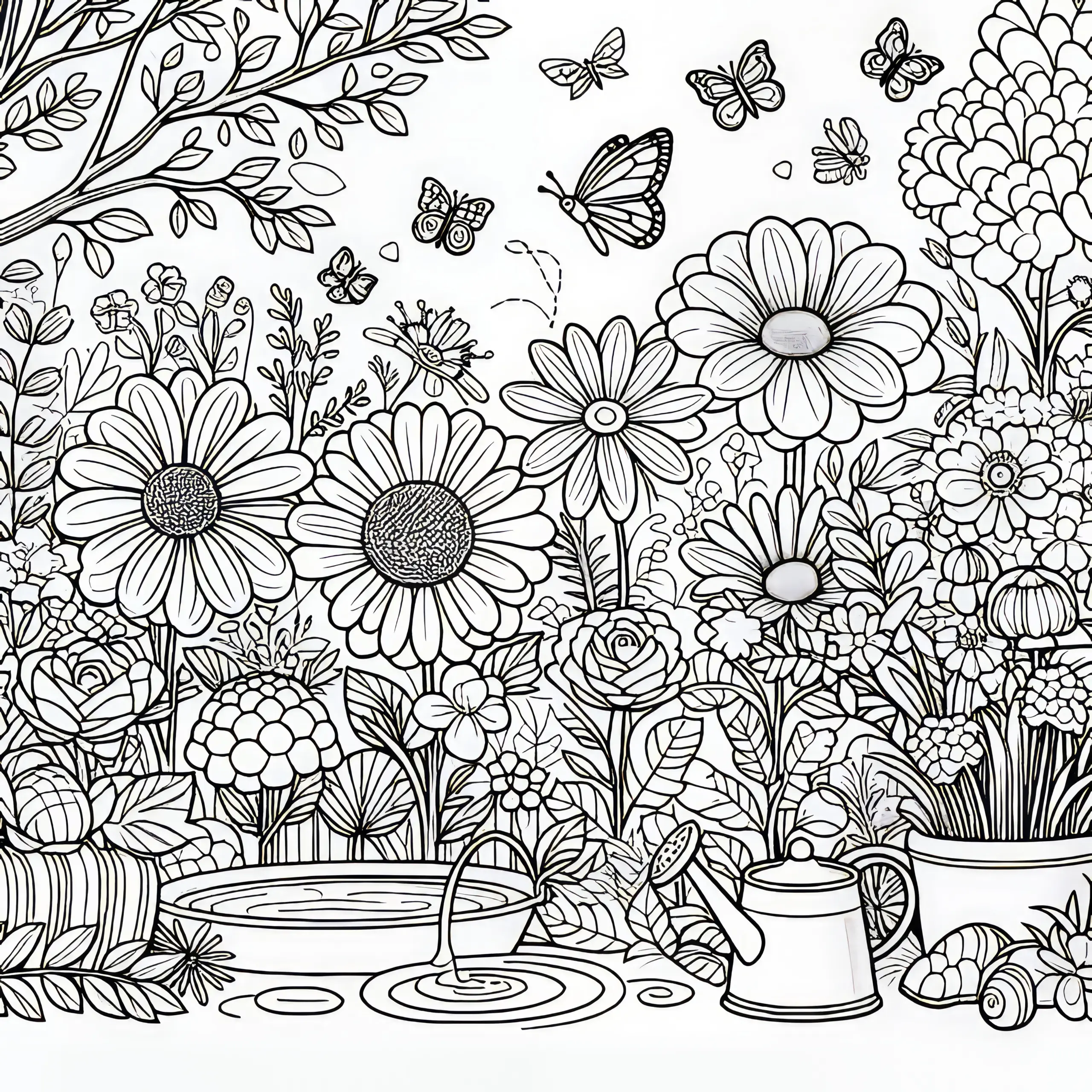 Garten, Blumen und Schmetterlinge: Sommerliche Malvorlage (Kostenlos) (Ausmalbild)