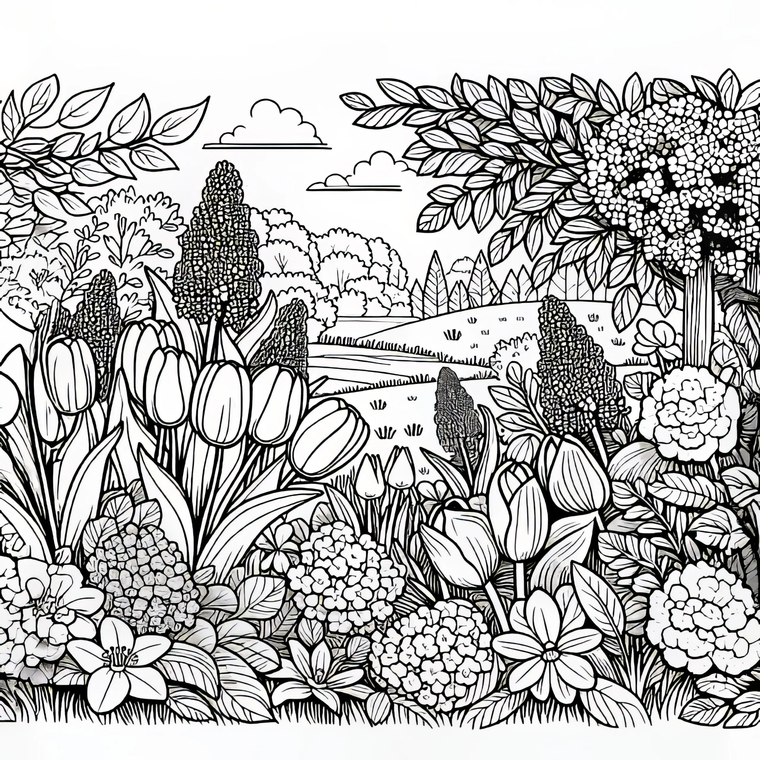 Garten voller Tulpen, Narzissen und Flieder im Mai: Malvorlage zum Download (Gratis) (Ausmalbild)
