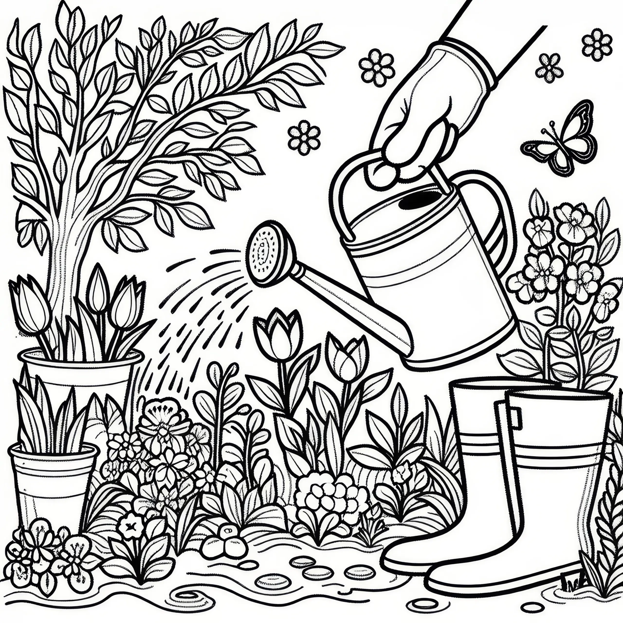 Gartenarbeit mit Gießkanne im Frühling (Ausmalbild)