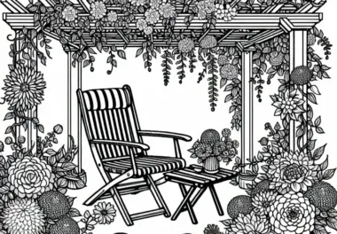 Gartenstuhl unter Pergola – Malvorlage Gartenblumen gratis