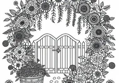Gartentor von Blumen eingerahmt – Malvorlage kostenlos