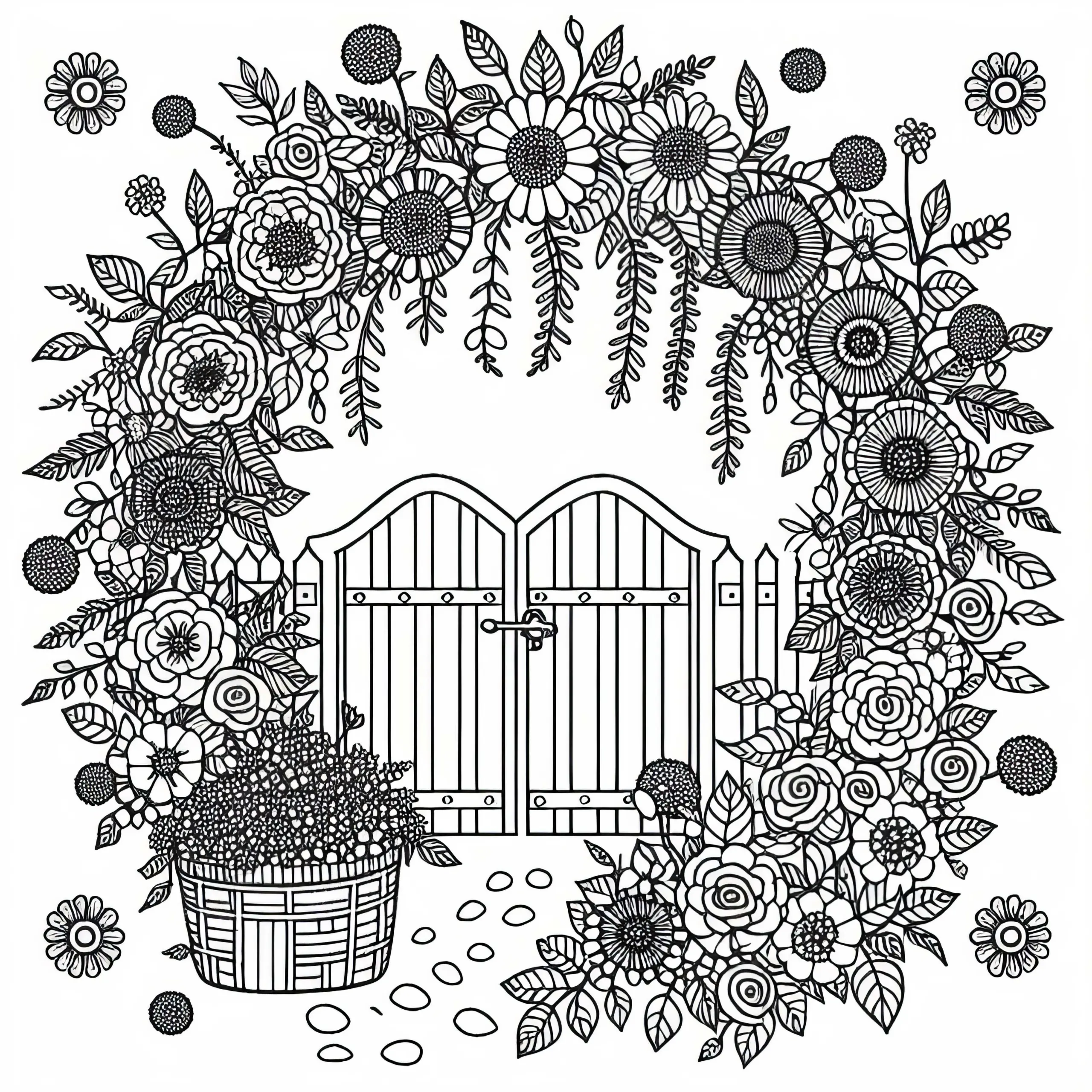 Gartentor von Blumen eingerahmt – Malvorlage kostenlos (Ausmalbild)