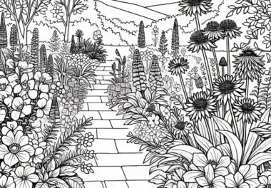 Gartenweg zwischen blühenden Stauden – Malvorlage kostenlos