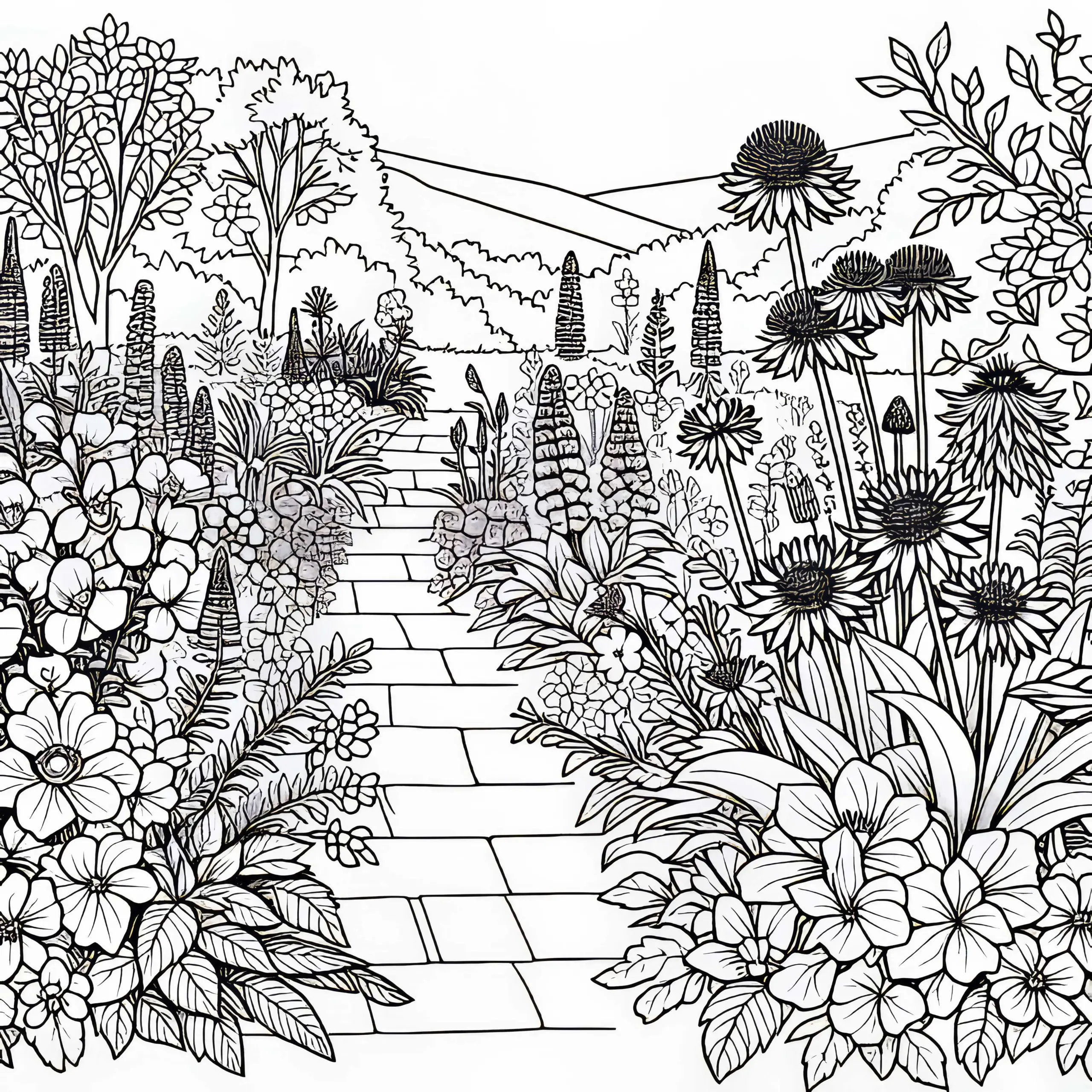 Gartenweg zwischen blühenden Stauden – Malvorlage kostenlos (Ausmalbild)