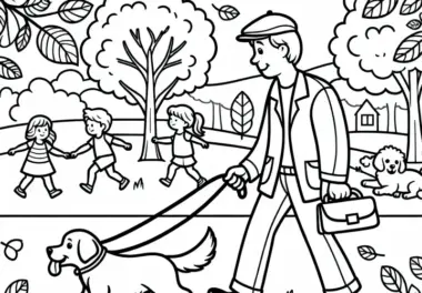 Gassi gehen im Park mit Hund Ausmalbild gratis