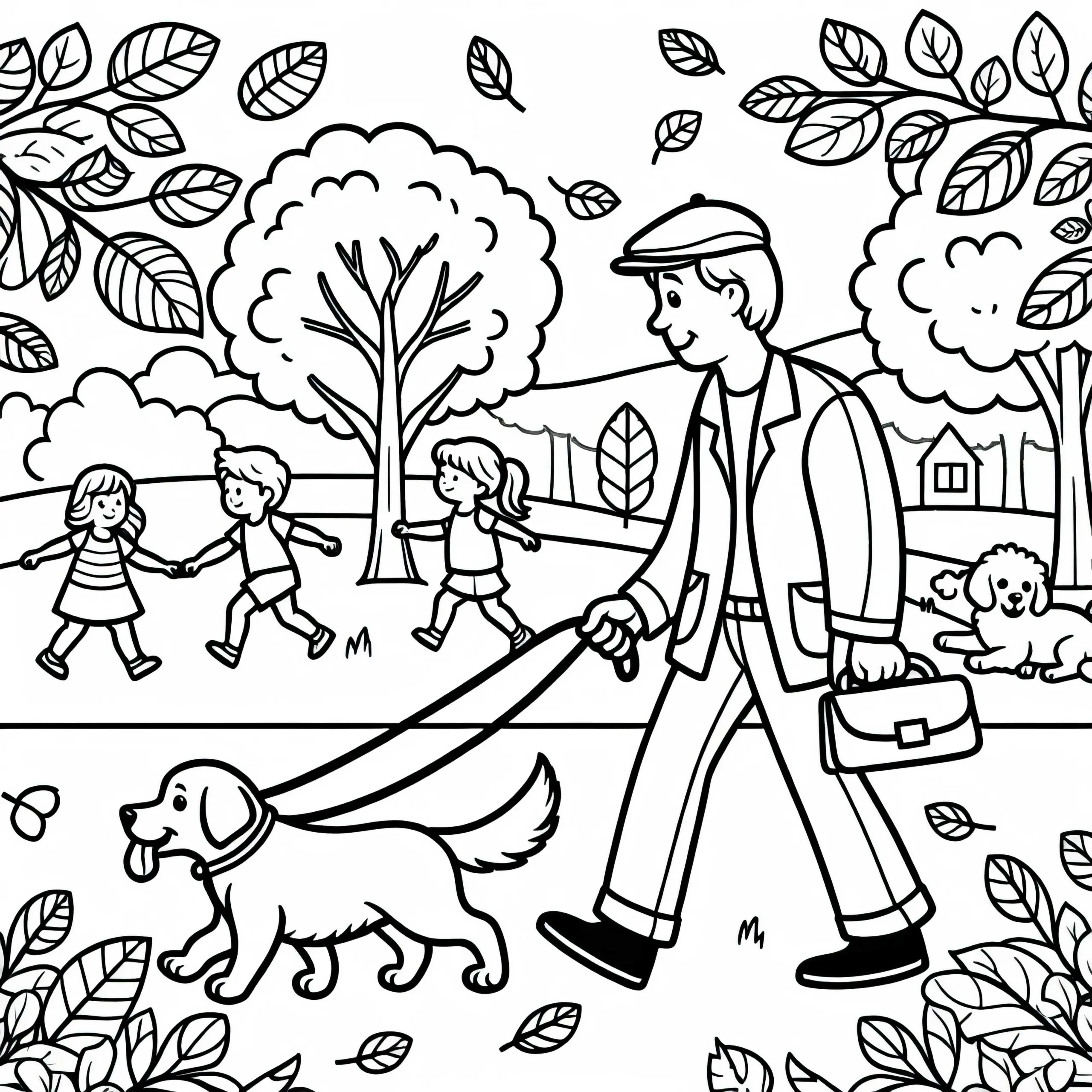 Gassi gehen im Park mit Hund Ausmalbild gratis