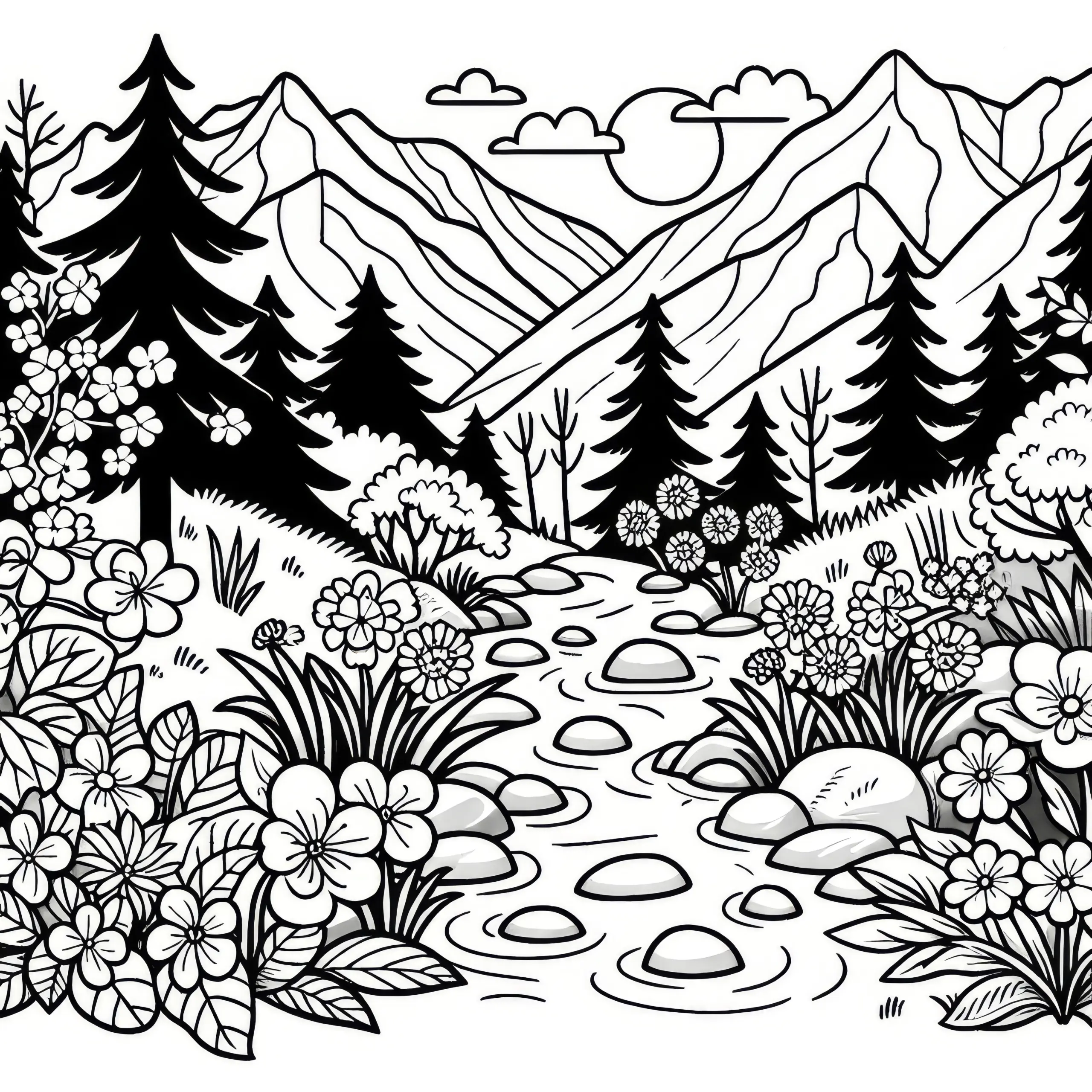 Gebirgsbach & blühende Blumen im Frühling: Malvorlage (Ausmalbild)