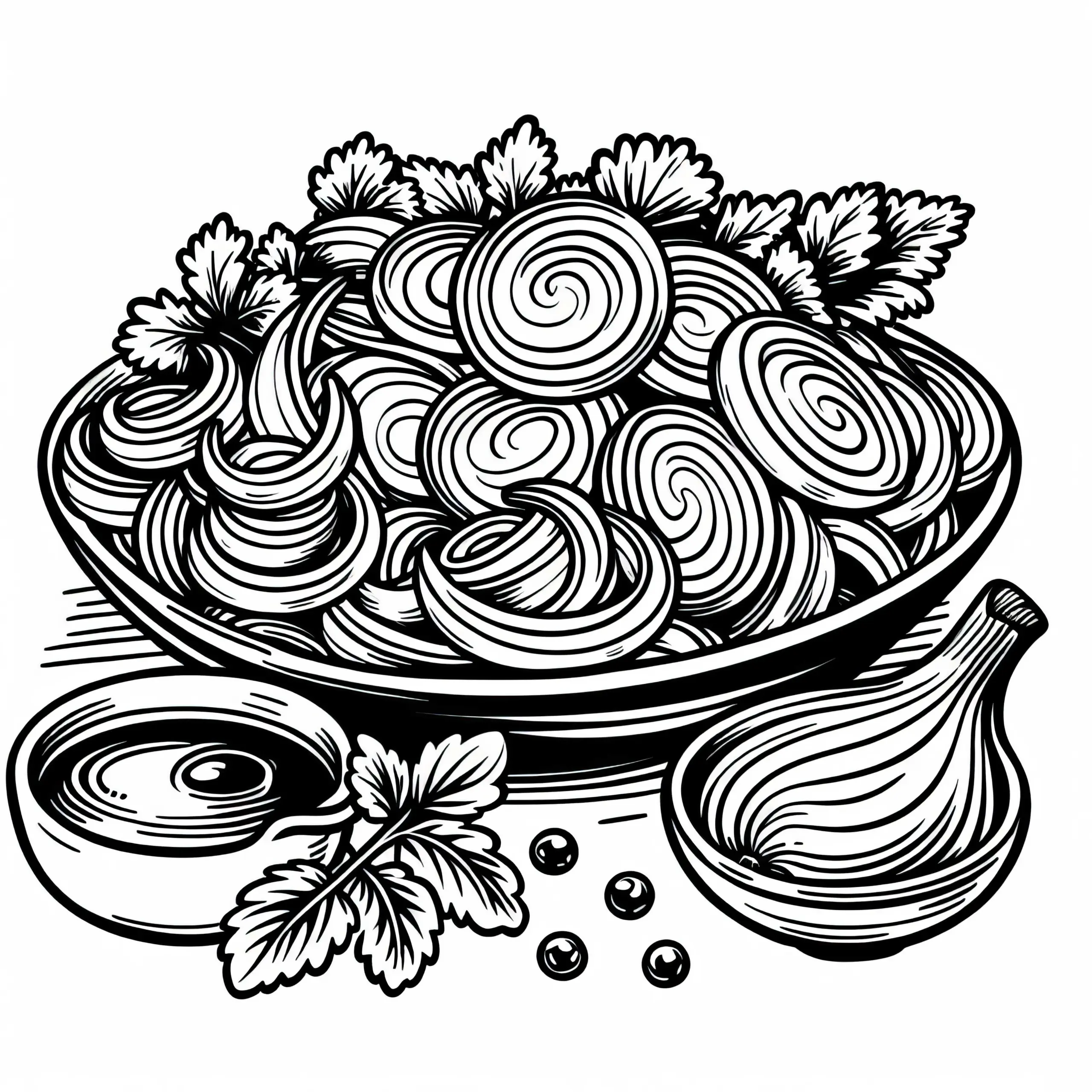 Gebratene Zwiebeln als Beilage zum Essen: Malvorlage kostenlos (Ausmalbild)