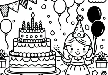 Geburtstagsfeier mit Kuchen und Luftballons: Ausmalbild für Mädchen ab drei Jahre – Gratis