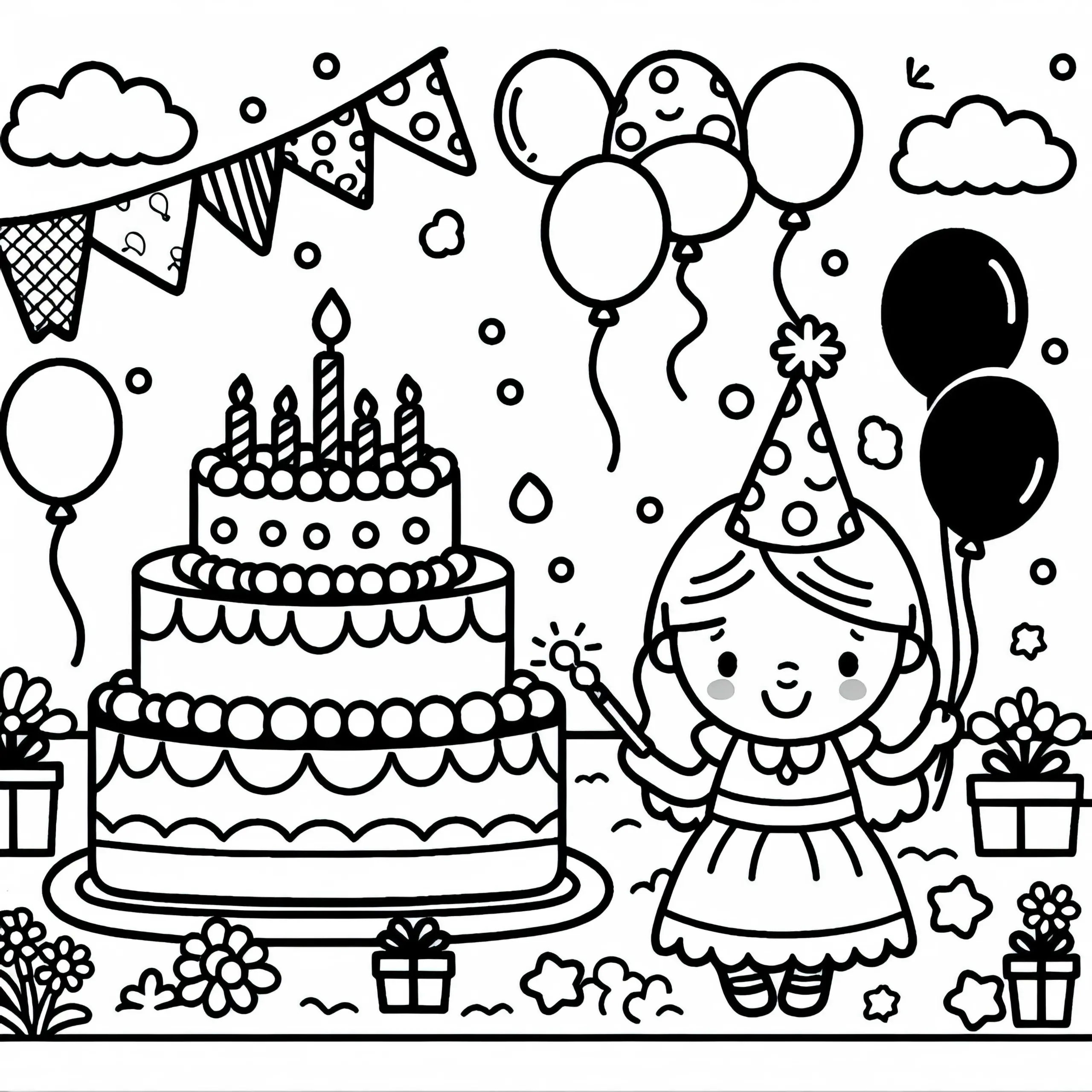 Geburtstagsfeier mit Kuchen und Luftballons: Ausmalbild für Mädchen ab drei Jahre – Gratis