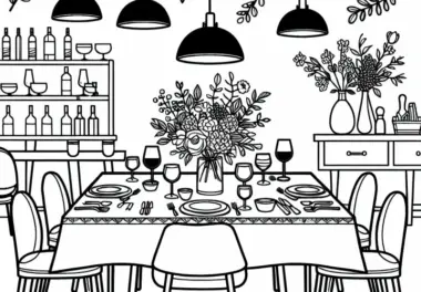 Gedeckter Tisch im Restaurant – Ausmalbild gratis