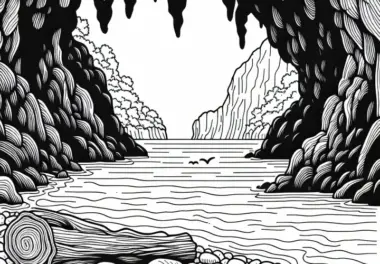 Geheimnisvolle Höhle an der Küste einer Insel – Ausmalbild kostenlos