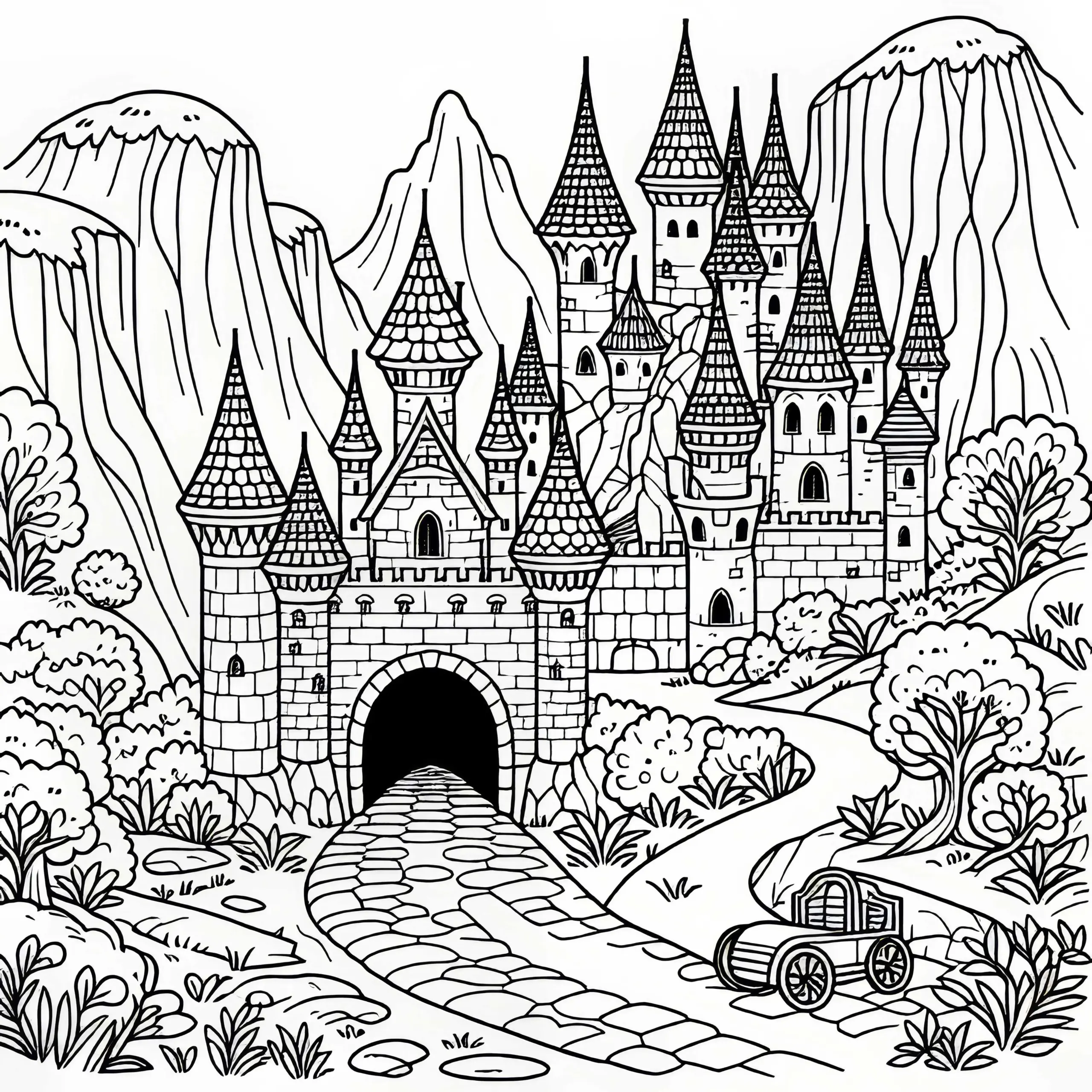 Geheimtunnel der aus Burg hinausführt – Malvorlage kostenlos (Ausmalbild)
