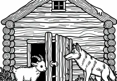 Geißlein öffnet Wolf die Tür – Malvorlage Wolf und sieben Geißlein kostenlos