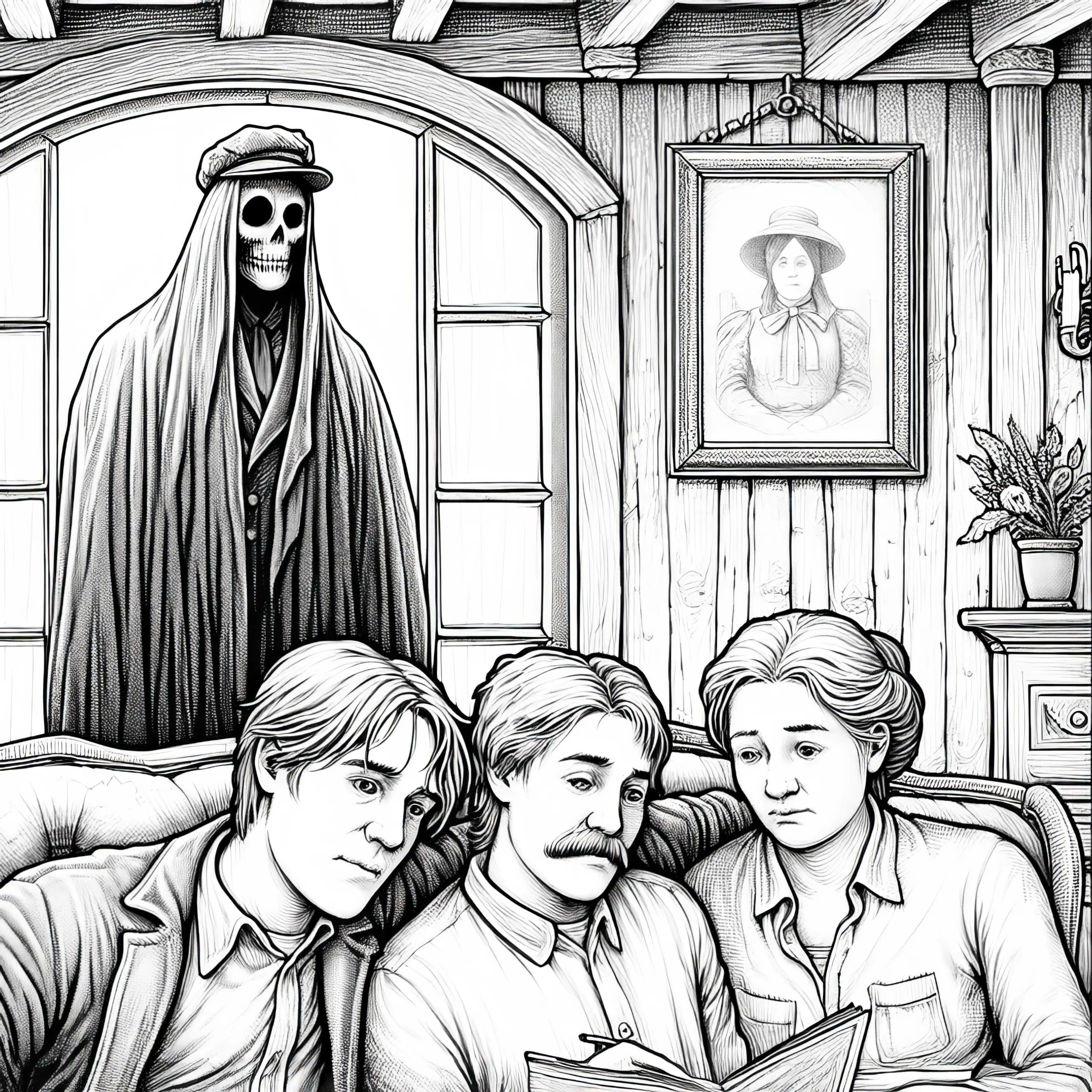 Geist beobachtet Familie: Detailreiche Malvorlage (Gratis) (Ausmalbild)