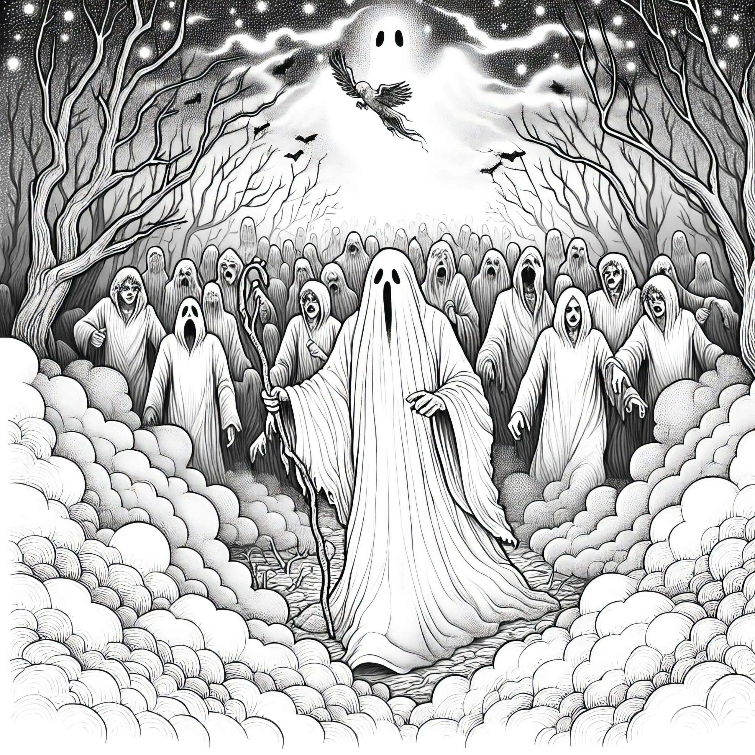 Geist führt eine Gruppe verlorener Seelen durch dichten Nebel: Ausmalbild zum Herunterladen (Kostenlos)