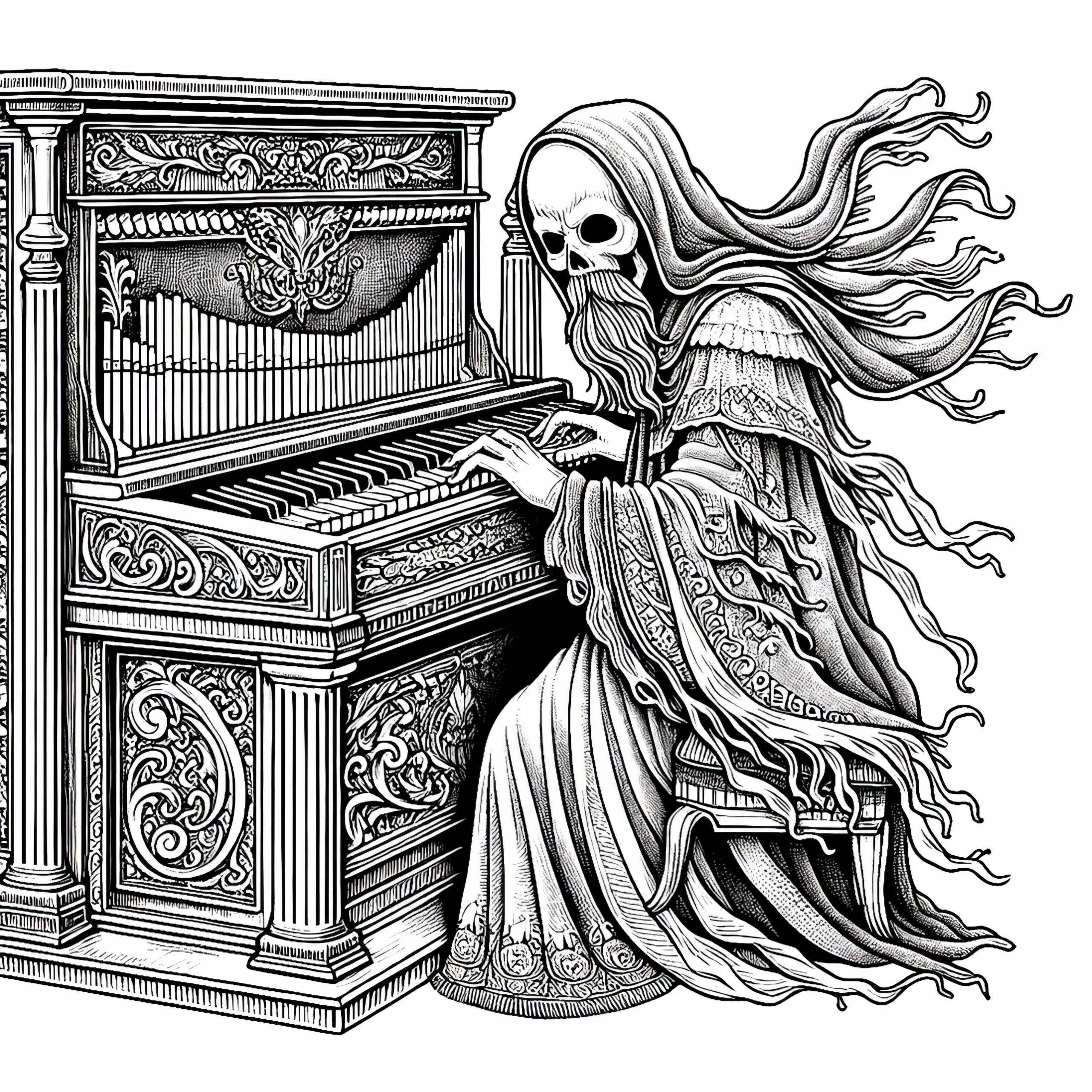 Geist spielt unheimliche Melodie auf alter Klaviatur: Ausmalbild zum Download (Kostenlos)