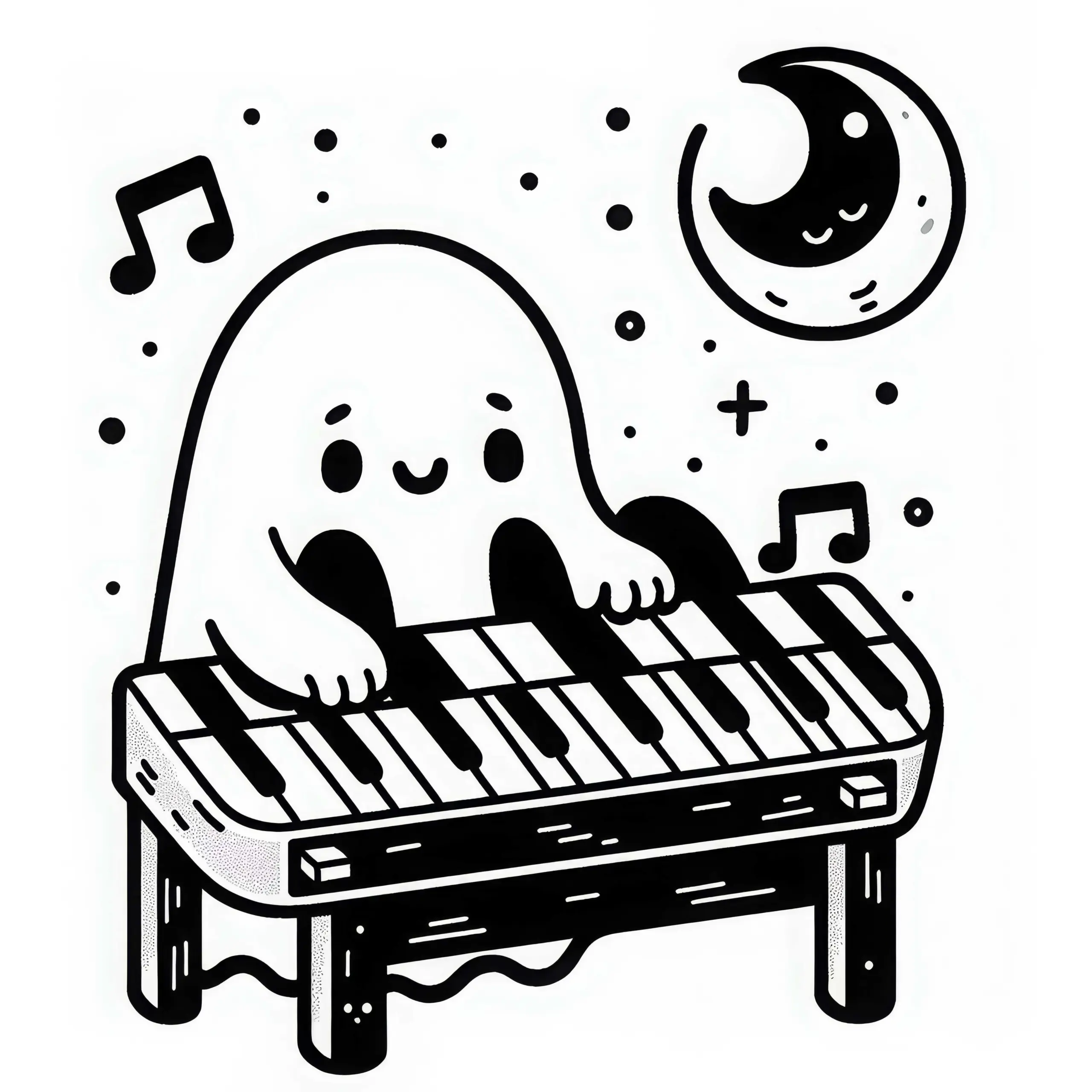 Geist spielt unheimliche Melodie auf alter Klaviatur: Einfaches Ausmalbild (Gratis)