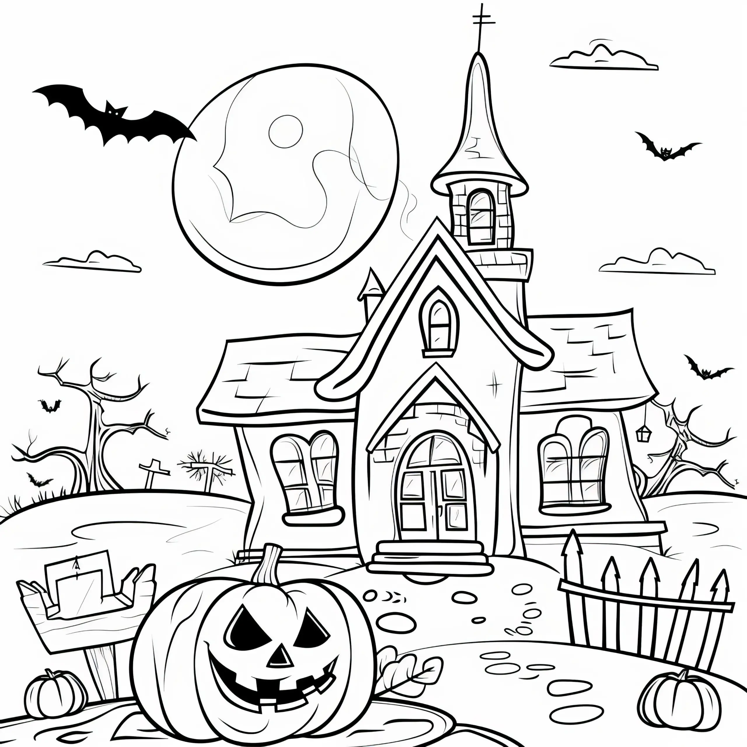 Geisterhaus mit Fledermäusen: Einfache Halloween Malvorlage (Kostenlos) (Ausmalbild)